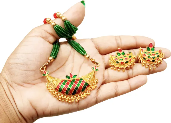 Assamese_traditional_gold_plated_red_green_colour_joonbiri_tassel_Jewellery_Set__For_Women_&_girl